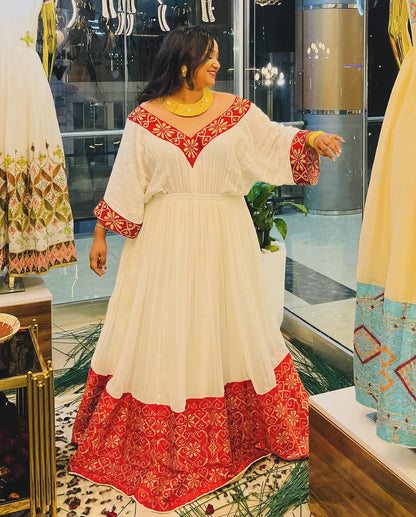 Graceful Traditional Wear with Red Ethiopian Dress: Handwoven Embroidery on Habesha Dress Mesmerizing Habesha Kemis