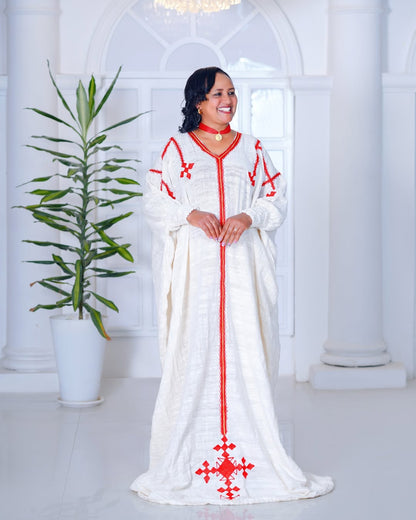 Delicate Handmade Red Traditional Ethiopian Dress