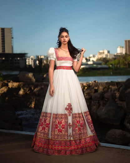 Enchanting Red Traditional Ethiopian Dress: Puffy Short Sleeves and Wide Hemline on Habesha Cloth for Special Ceremonies Ethiopian Clothing