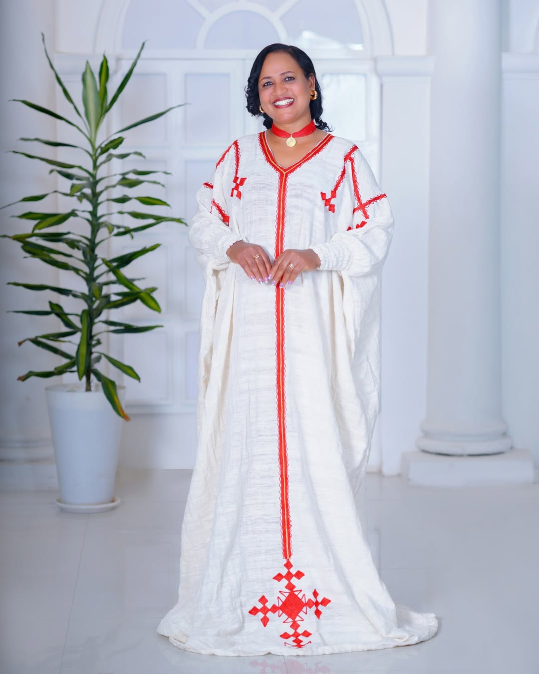 Delicate Handmade Red Traditional Ethiopian Dress: Cross Embellished Eritrean Clothing for Cultural Gatherings Ethiopian Clothing