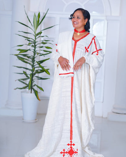 Delicate Handmade Red Traditional Ethiopian Dress: Cross Embellished Eritrean Clothing for Cultural Gatherings Ethiopian Clothing