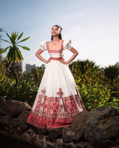 Enchanting Red Traditional Ethiopian Dress: Puffy Short Sleeves and Wide Hemline on Habesha Cloth for Special Ceremonies Ethiopian Clothing