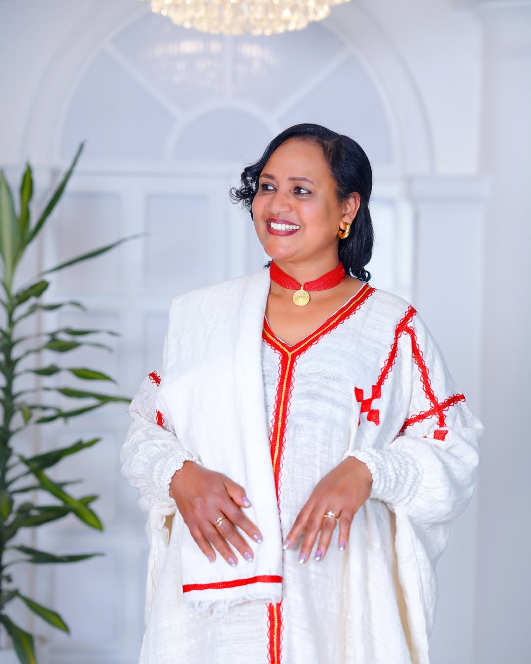 Delicate Handmade Red Traditional Ethiopian Dress: Cross Embellished Eritrean Clothing for Cultural Gatherings Ethiopian Clothing