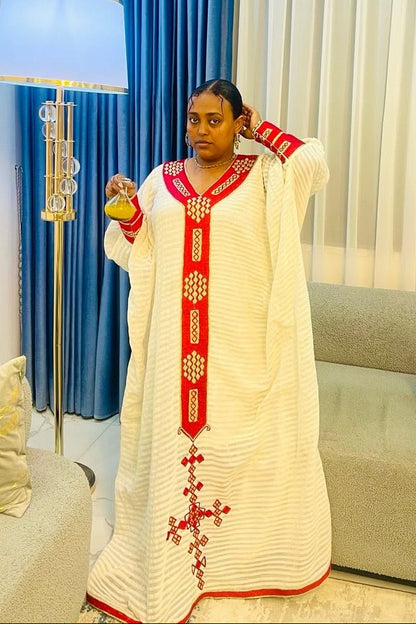 Timeless Cultural Red Ethiopian Dress: Golden Cross Embroidery on Traditional Cloth for Churches and Cultural Events Eritrean Dress