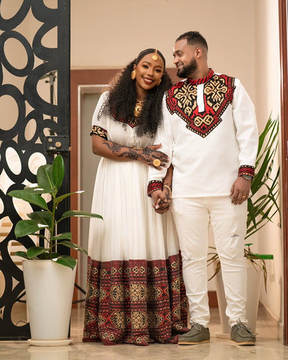 Harmonious Look in Red Ethiopian Couples Outfit: with Golden Geometric Patterns Matching Habesha Couples Attire: