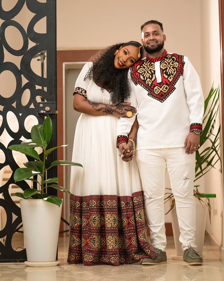 Harmonious Look in Red Ethiopian Couples Outfit