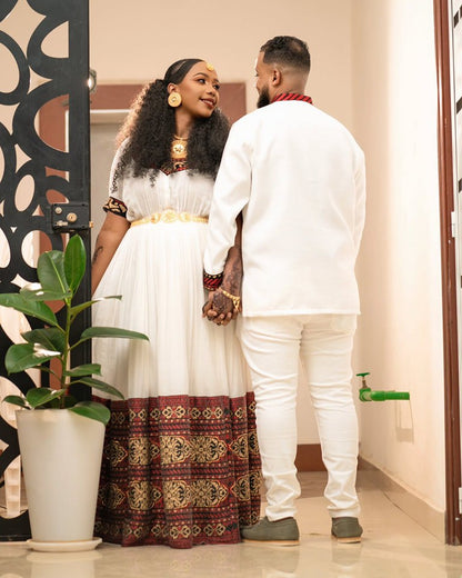 Harmonious Look in Red Ethiopian Couples Outfit: with Golden Geometric Patterns Matching Habesha Couples Attire: