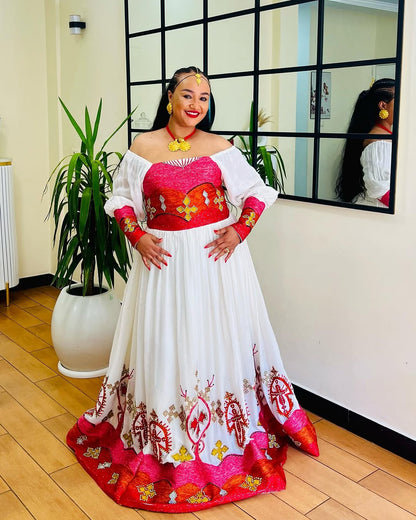Classic Off Shouldered Pink and Red Habesha Dress: with Golden Cross Embellishments Traditional Ethiopian Dress Modern Habesha Kemis