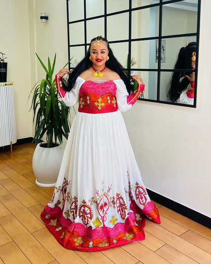 Classic Off Shouldered Pink and Red Habesha Dress: with Golden Cross Embellishments Traditional Ethiopian Dress Modern Habesha Kemis