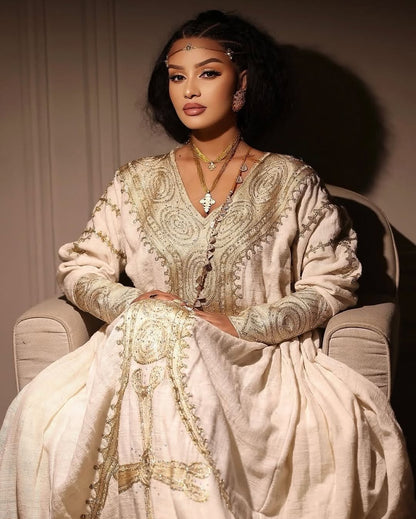 Enchanting Handstitched Silver Colored Traditional Dress: Wide Embroidery Ethiopian Clothing For Cultural Events Eritrean Dress