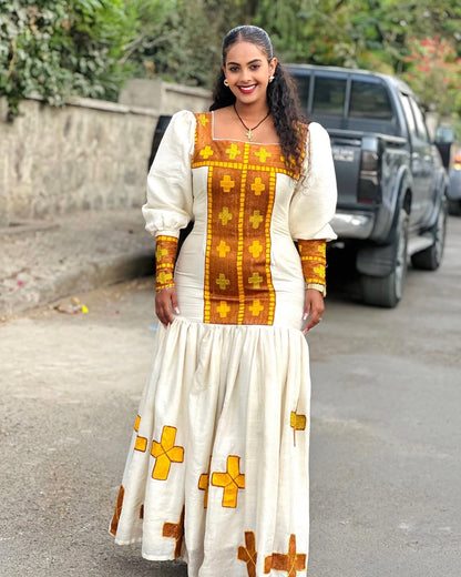 Stylish Golden Mermaid Habesha Dress: Breathtaking Handcrafted Embroidery Eritrean Dress for Special Occasions Traditional Ethiopian Dress