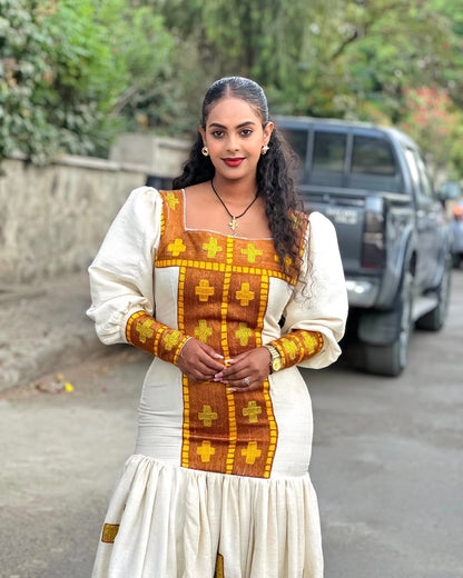 Stylish Golden Mermaid Habesha Dress: Breathtaking Handcrafted Embroidery Eritrean Dress for Special Occasions Traditional Ethiopian Dress