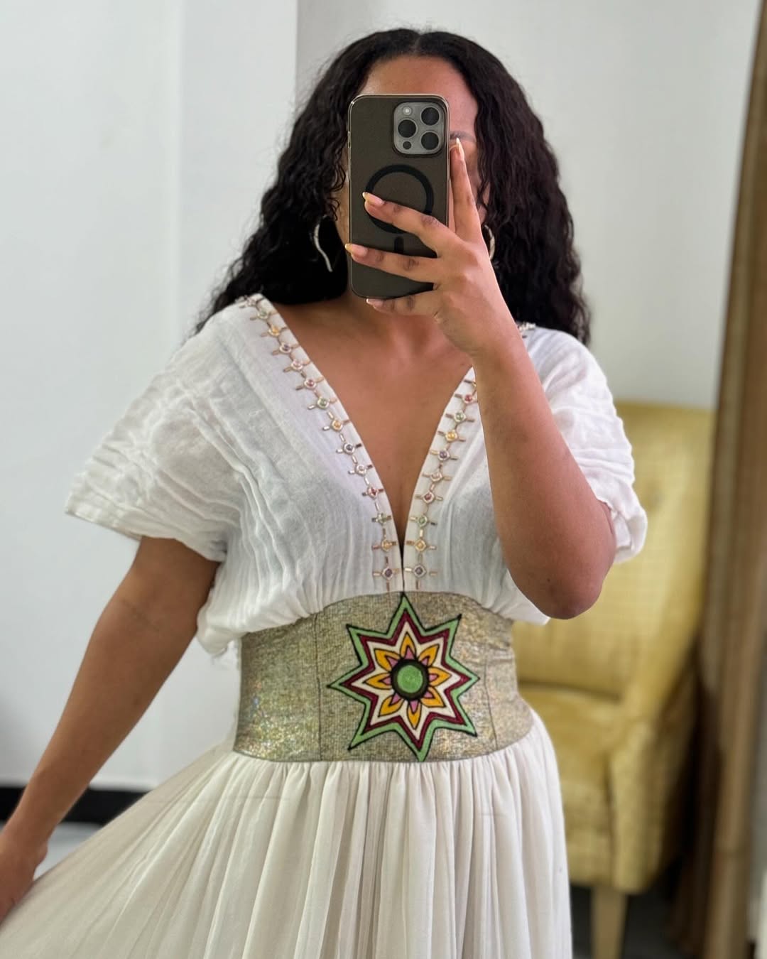 Striking Golden Traditional Ethiopian Dress: Colorful Flower Designs Habesha Dress for Big Cultural Events Eritrean Cloth