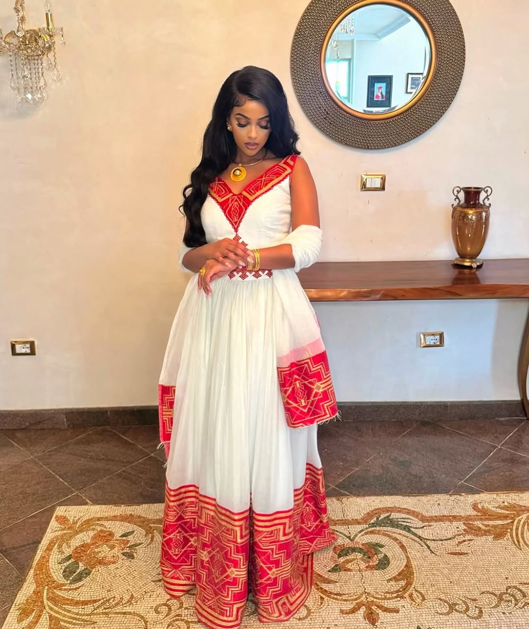 Radiant Red Traditional Ethiopian Dress: Short Sleeved Modern Eritrean Dress for Any Events Habesha Dress