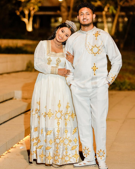 Harmonious Yellow and Black Ethiopian Couples Outfit