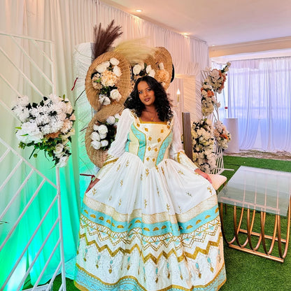 Excellent Handwork in Green Habesha Dress: Beautiful Golden Detailing Traditional Ethiopian Dress for Special Celebrations Habesha Kemis