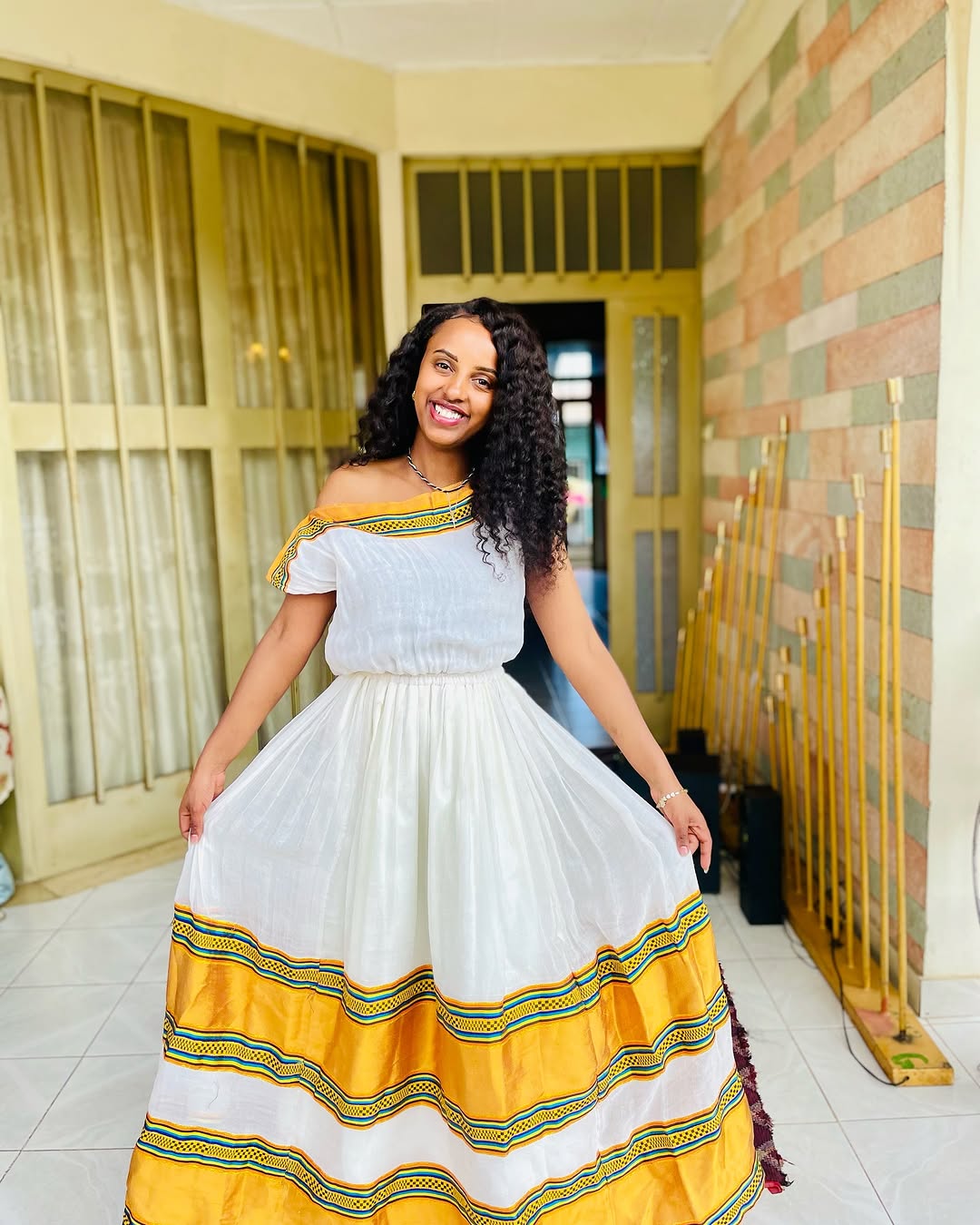 Sparkling Off Shouldered Yellow Ethiopian Dress: with Colorful Handmade Embroidery Habesha Dress Elegant Matching Eritrean Clothing