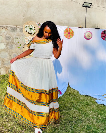 Sparkling Off Shouldered Yellow Ethiopian Dress: with Colorful Handmade Embroidery Habesha Dress Elegant Matching Eritrean Clothing