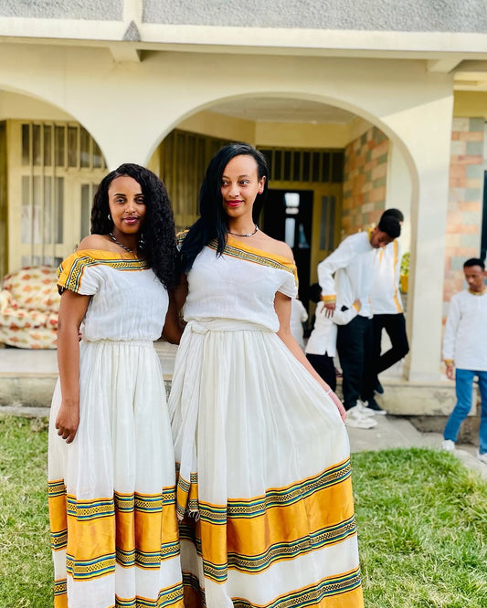 Sparkling Off Shouldered Yellow Ethiopian Dress