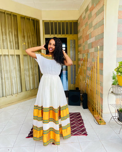 Sparkling Off Shouldered Yellow Ethiopian Dress: with Colorful Handmade Embroidery Habesha Dress Elegant Matching Eritrean Clothing