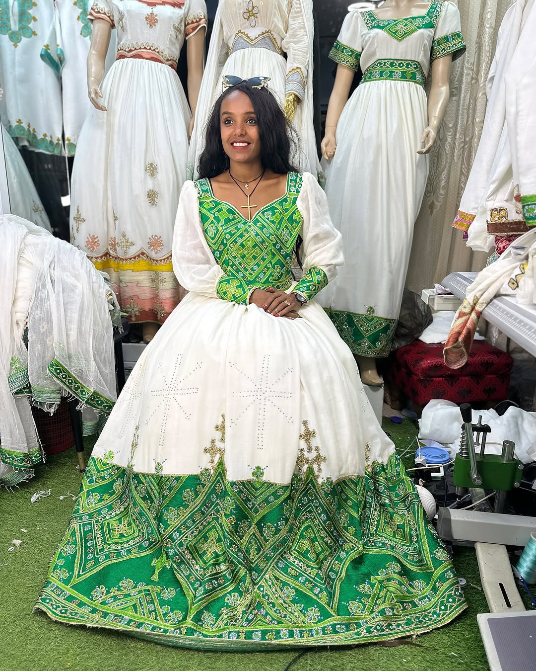 Luxurious Green Habesha Dress: Wide Hemline with Cross Embellishments Traditional Ethiopian Cloth Vibrant Habesha Kemis