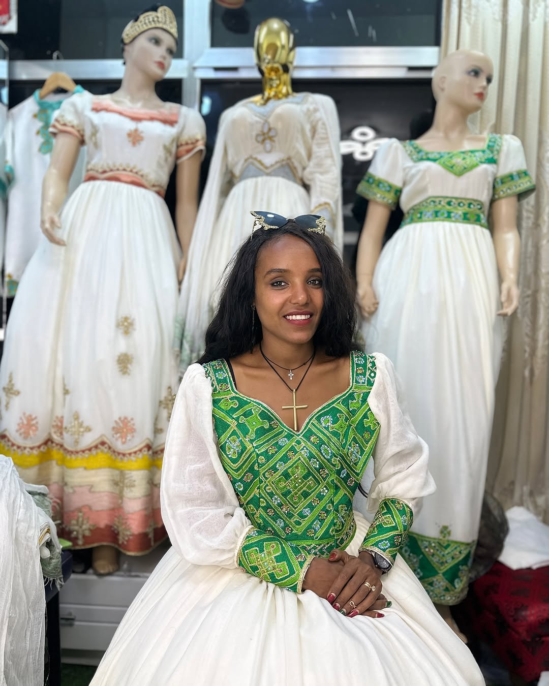 Luxurious Green Habesha Dress: Wide Hemline with Cross Embellishments Traditional Ethiopian Cloth Vibrant Habesha Kemis