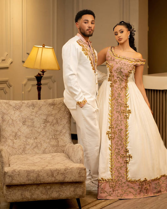 Glamorous Pink Matching Ethiopian Couples Outfit