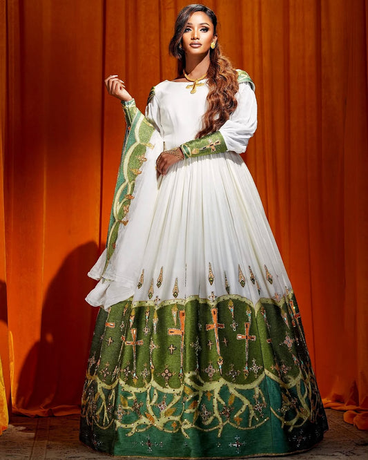 Elegant Green Ethiopian Bridal Habesha Kemis with Wide Embroidery and Detailed Design