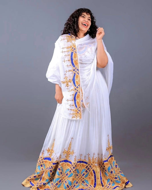 Radiant Golden and Blue Tilet Habesha Dress Elegant Cultural Attire 