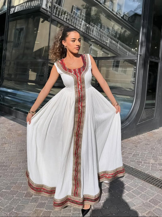 Beautiful Red Menen Habesha Dress with Stunning Adornment