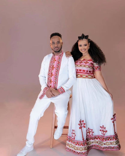 Striking Couple's Habesha Dress Set with Bold Red, Pink & Gold Embroidery 
