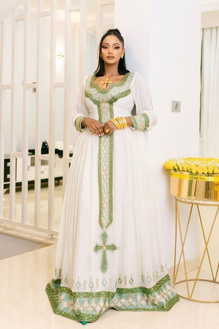 Graceful Traditional Ethiopian Dress with Green & Gold Cross Embroidery for Celebration