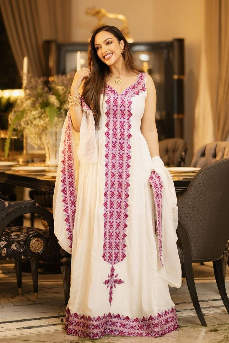 Vibrant Habesha Kemis with Hot Pink Embroidery Traditional Ethiopian Dress for Cultural events