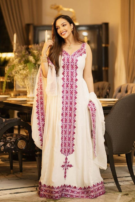 Vibrant Habesha Kemis with Hot Pink Embroidery Traditional Ethiopian Dress for Cultural events