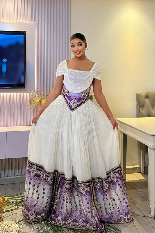 Timeless Habesha Kemis with Vibrant Purple Accents for Lasting Style