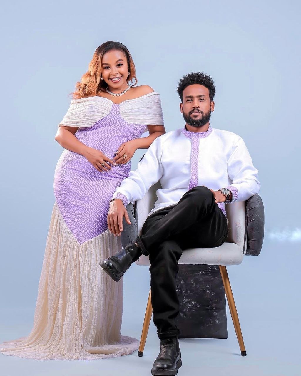 Modern Habesha Couple Outfit with Lavender Details and Front V Design for Cultural Events