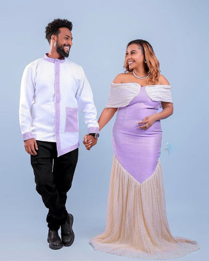 Modern Habesha Couple Outfit with Lavender Details and Front V Design for Cultural Events
