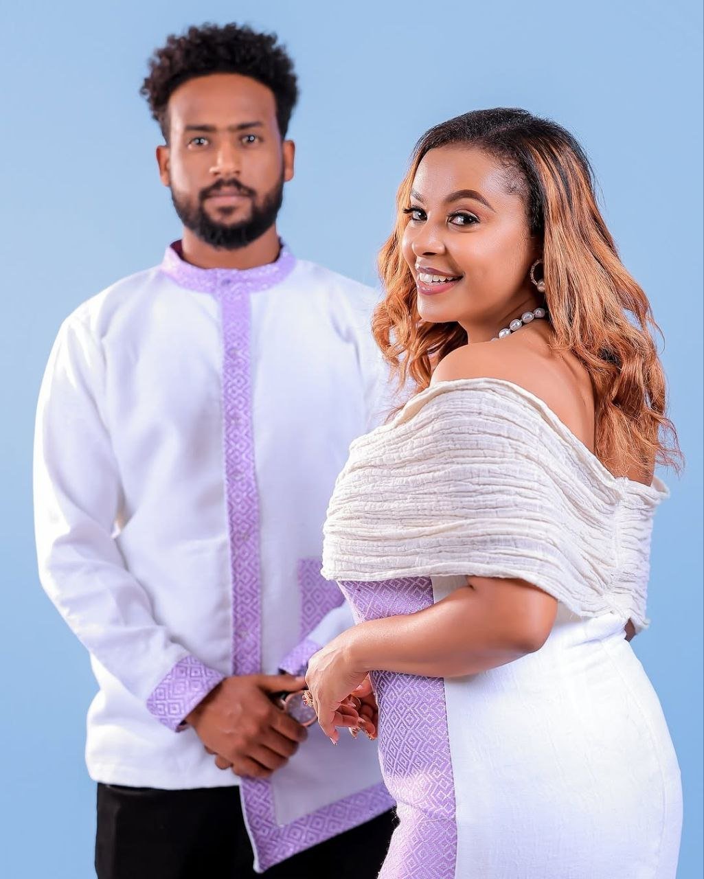 Modern Habesha Couple Outfit with Lavender Details and Front V Design for Cultural Events