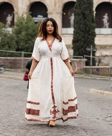 Elegant Habesha Dress with Vibrant Red Menen Design Traditional Ethiopian Dress for Celebrations

