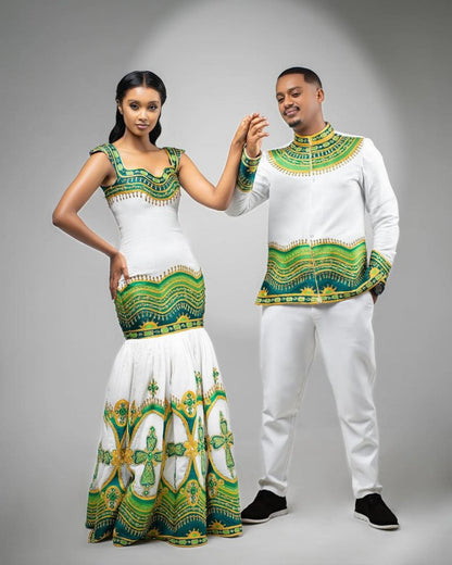 Elegant Green and Gold Habesha Couple Outfit for Weddings and Celebrations
