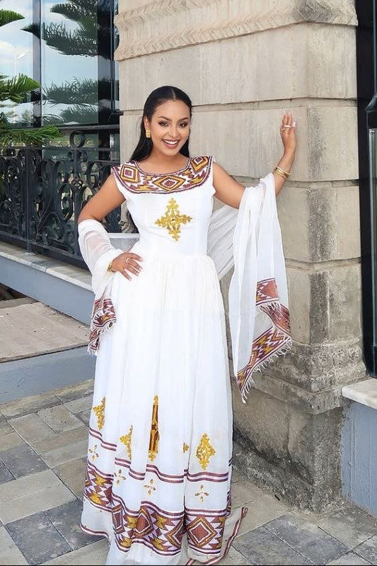  Beautiful Habesha Dress with Intricate Gold and Brown Tibeb For Cultural Event
