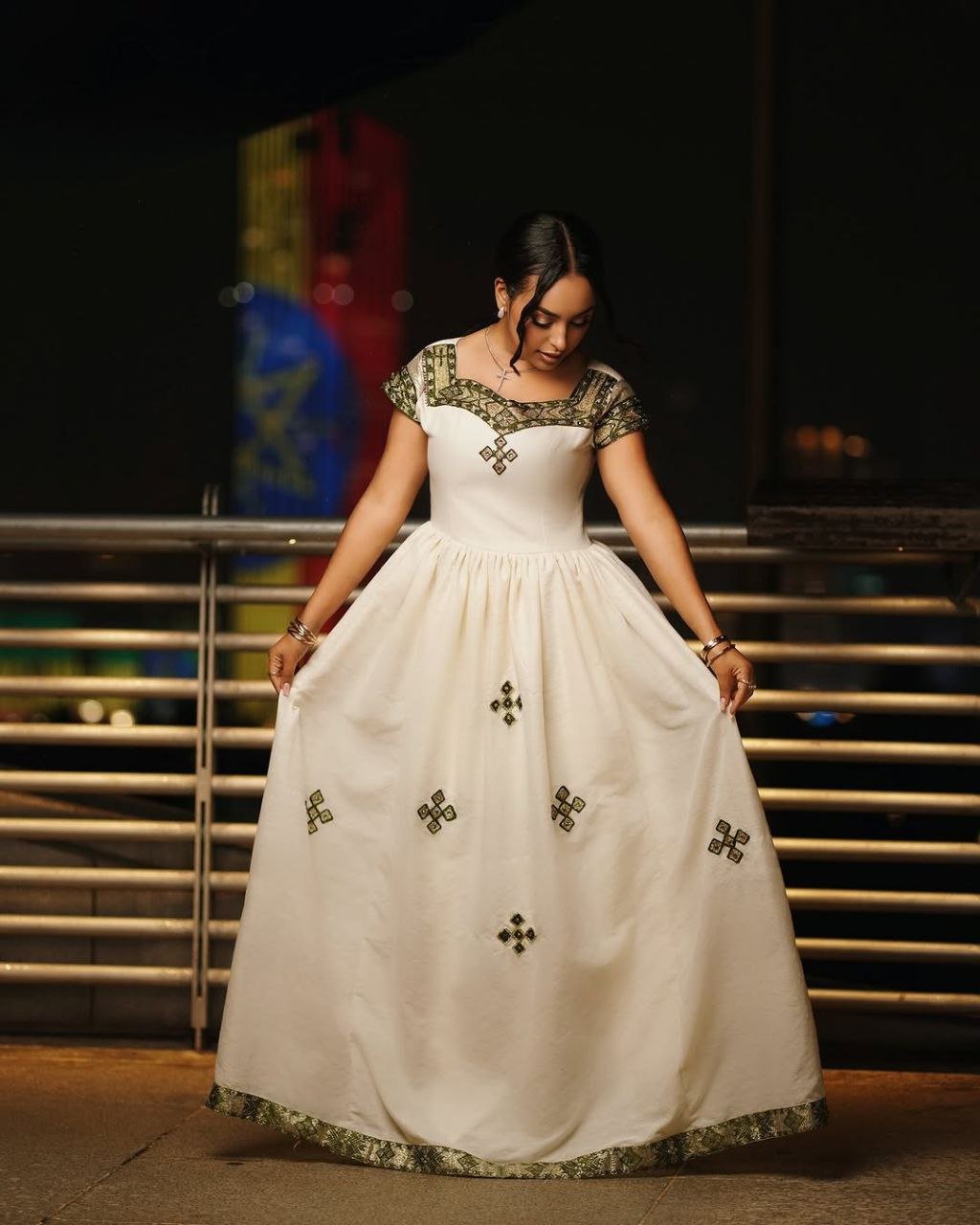 Elegant Ivory Habesha Dress with Olive Green and Gold Accents: A Graceful Ethiopian Dress
