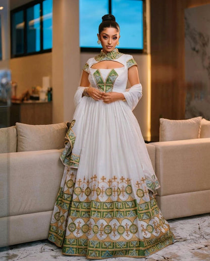 Chic Habesha Kemis with Green Accents Modern Ethiopian Dress for Weddings