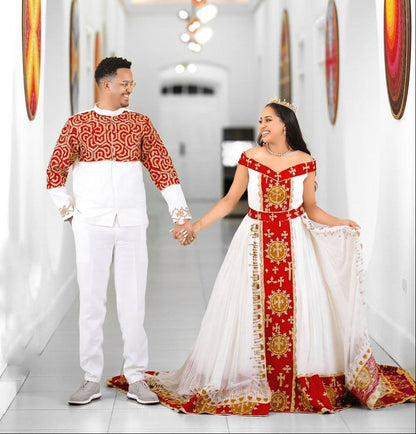 Bold Red and Gold Habesha Couple Outfit with Royal Embroidery for Weddings and Celebrations
