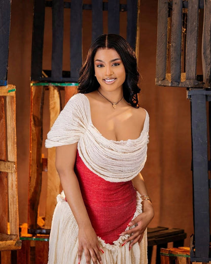 Stylish Habesha Kemis with Textured Fabric and Red V-Front for Engagements and Ceremonies