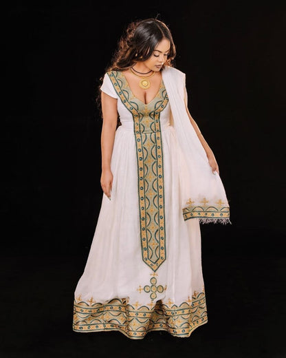 Chic Traditional Ethiopian Dress with Gold and Green Embroidered Kemis for Cultural Celebration

