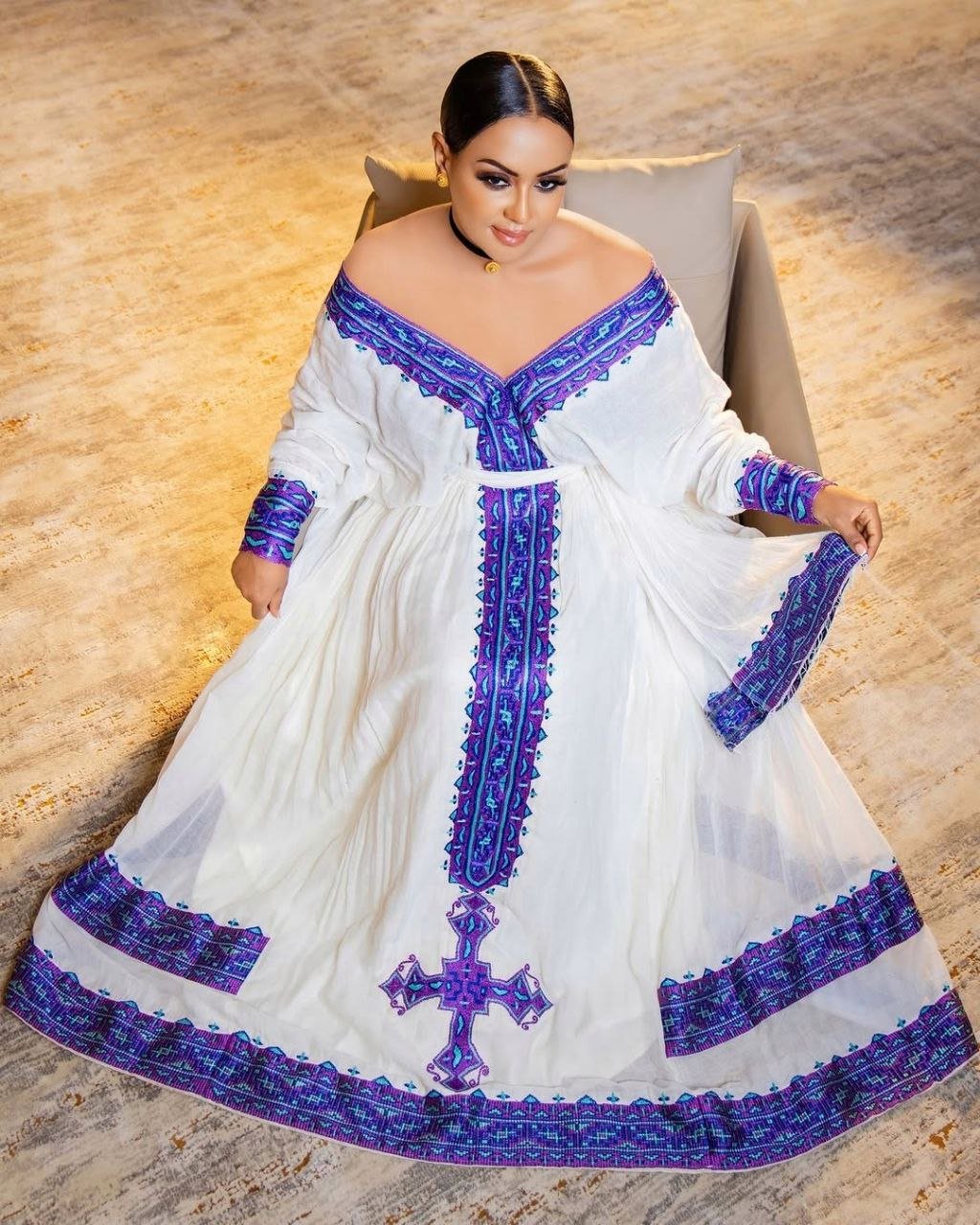 Elegant Habesha Dress with Purple and Blue Cross Embroidery for Cultural Celebrations


