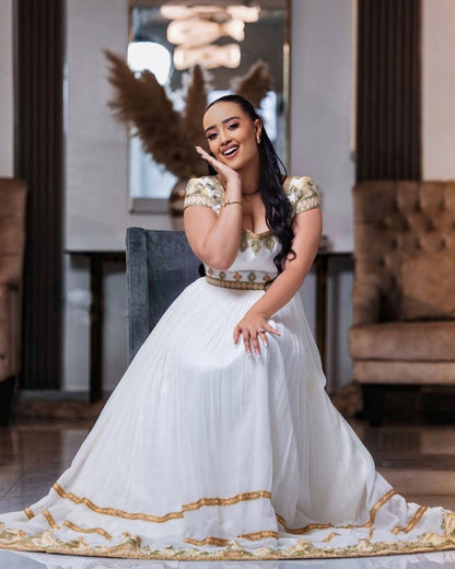 Elegant Gold Embroidered Habesha Dress for Ethiopian Weddings