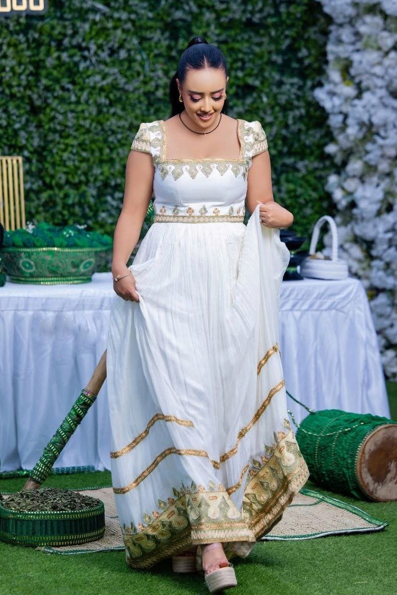 Elegant Gold Embroidered Habesha Dress for Ethiopian Weddings 
