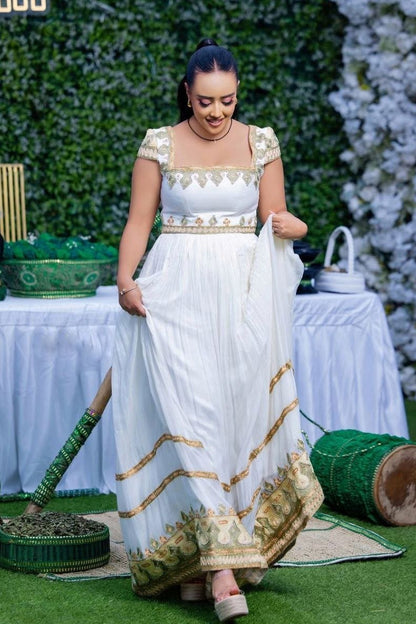 Elegant Gold Embroidered Habesha Dress for Ethiopian Weddings 